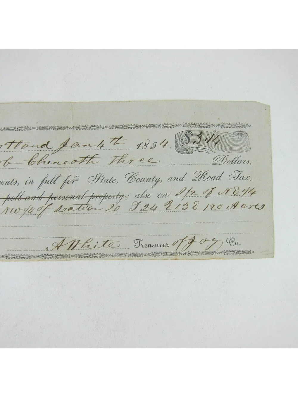 Portland Indiana Jay County Property Tax Bill Treasurer White Antique 1854 RARE